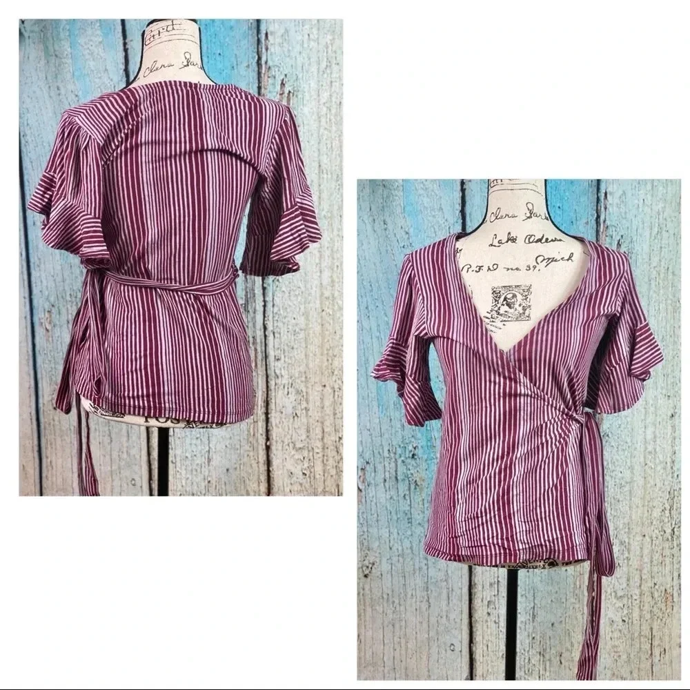 Free People NWT Wine Wrapped Around My Finger Cotton Striped Wrap Top - Picture 4 of 13